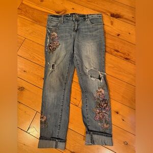 Kut from the Kloth Floral Purple Floral  Embroidered Destroyed Blue Jeans Size 4